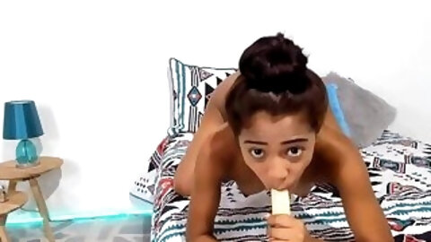 Petite Ebony Teen Latina with Braces riding a Dildo on Webcam
