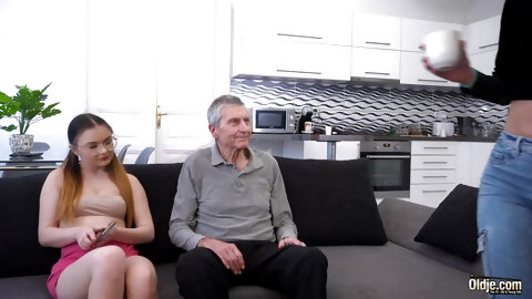 Petite young nerdy girl with glasses gets fucked by old grandpa cock