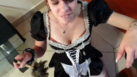 Petite French maid gets her face pissed on and cleans piss up after getting all wet and messy