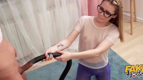 Teen with glasses masturbates with a vacuum cleaner and unexpectedly gets a real fuck with a roommate.